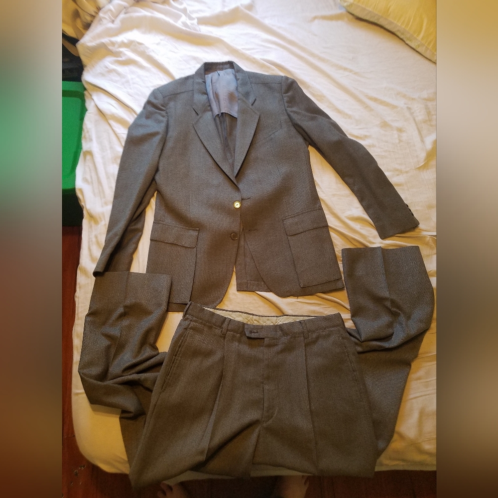 Men Formula Uno F1 Grey Polyester Wool Stripe Suit 40R 34x30 VTG Flaws